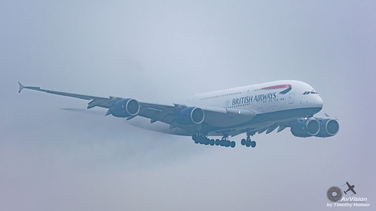 British Airways Airbus A380 on approach through haze, photograph by Timothy Homan