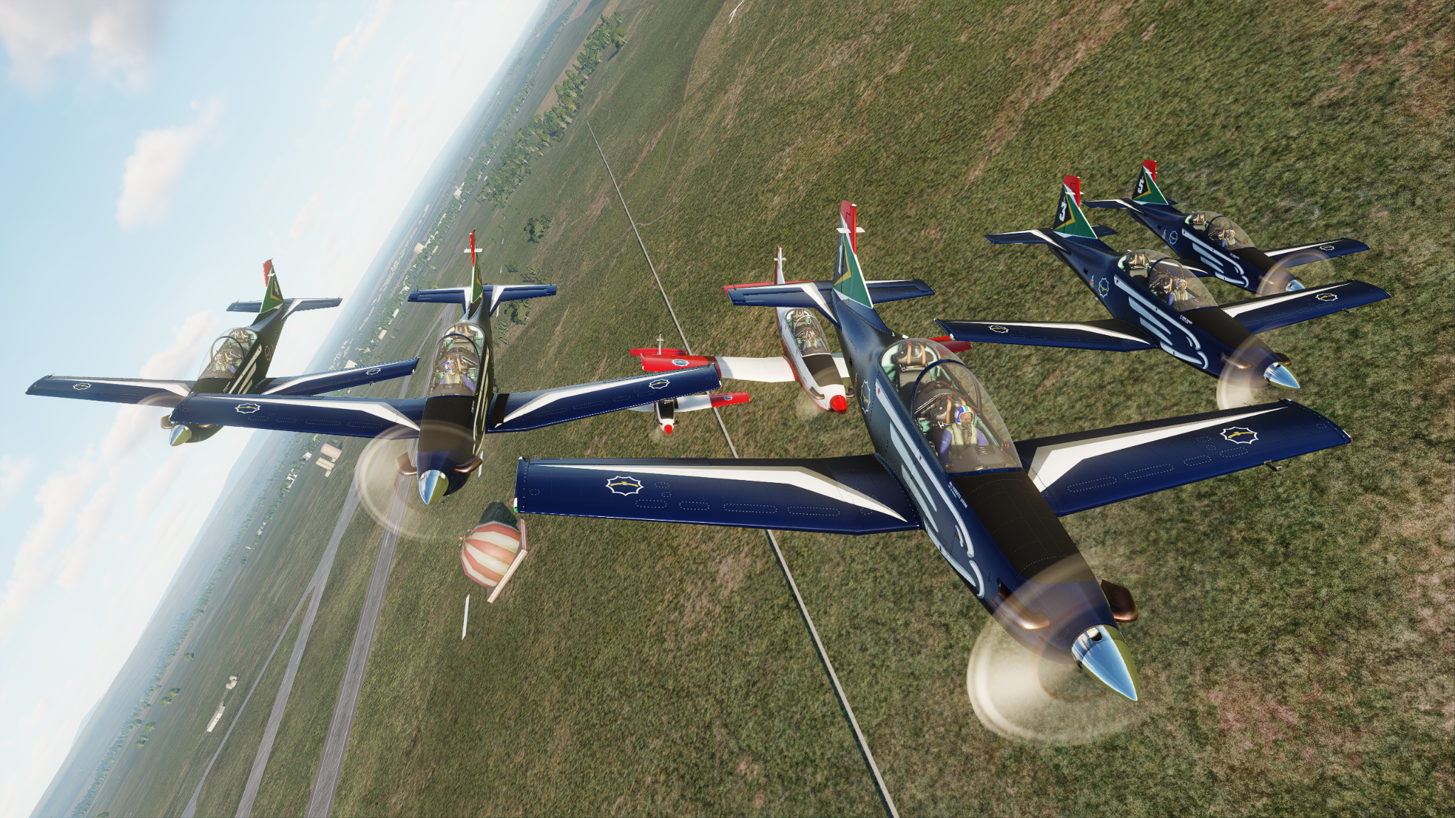 Virtual Silver Falcons formation over an airfield